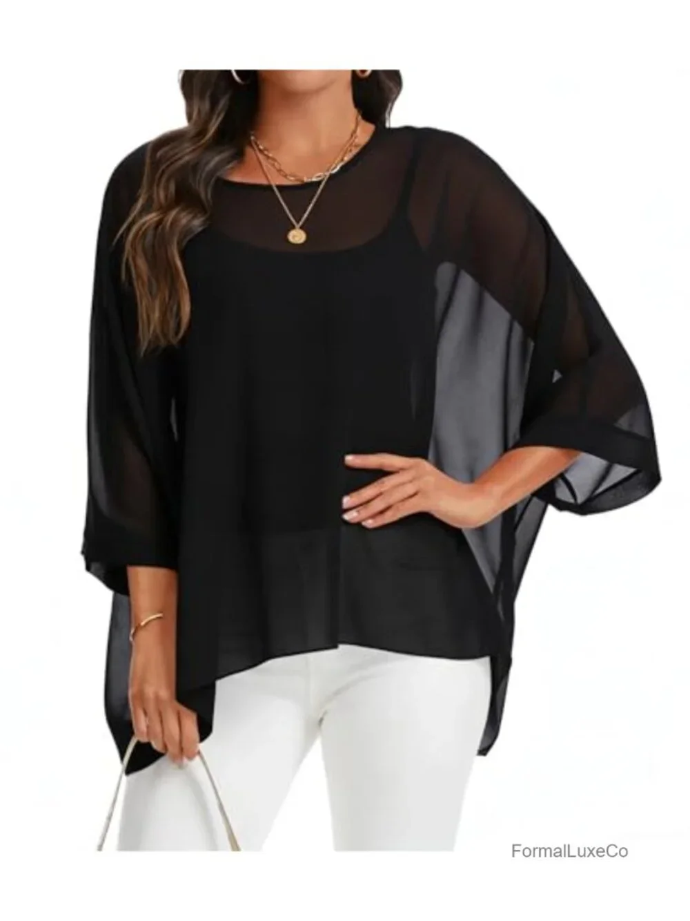 Womens Chiffon Poncho Tops Batwing Sleeve Beach Cover Up Loose Fit Summer